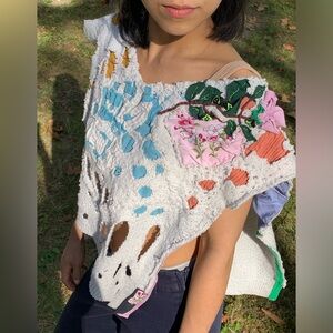 Hand Sewn Upcycle Color Block Couture Grunge Cozy Poncho - Valentine’s Day